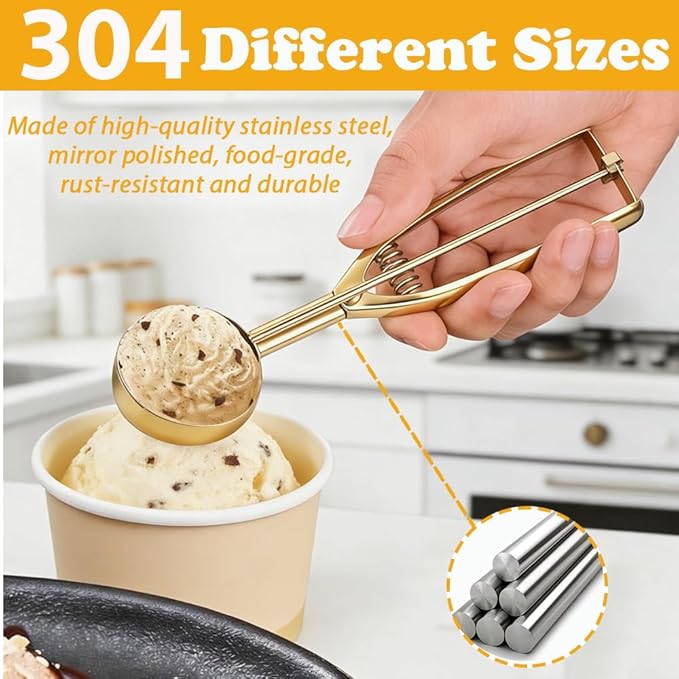 Gold Ice Cream Scoop 304 Stainless Steel Cookie Scoops for Baking Melon Baller with Trigger 3 Sizes (Gold, S/M/L)