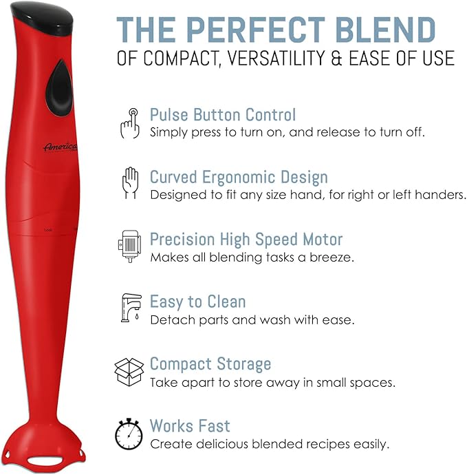 Elite Gourmet Electric Immersion Hand Blender, Mixer, Chopper, 1-Touch Control Multi Purpose Hand Blender Stick, Mixer, Chopper, 150 Watts One-Touch Control For Soups, Sauces, Baby Food, Red