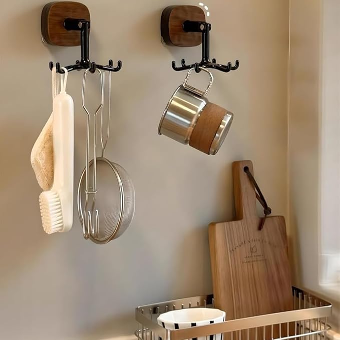 Wall Mounted Rotating Hooks with Suction Cup, Upgraded Suction Cup Hooks 360 Degrees Rotating Folding Adhesive Hooks,Multi-Hook Design for Kitchen Utensils, Tool-Free Installation (2PCS)