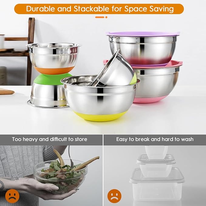 CHAREADA Mixing Bowls with Airtight Lids, 18pcs Stainless Steel Nesting Mixing Bowls Set Non-slip Silicone Bottom, Size 4.5, 3.6, 2.7, 2.1, 1.7, 1.1, 0.7 qt, Fit for Mixing & Serving(Colorful)
