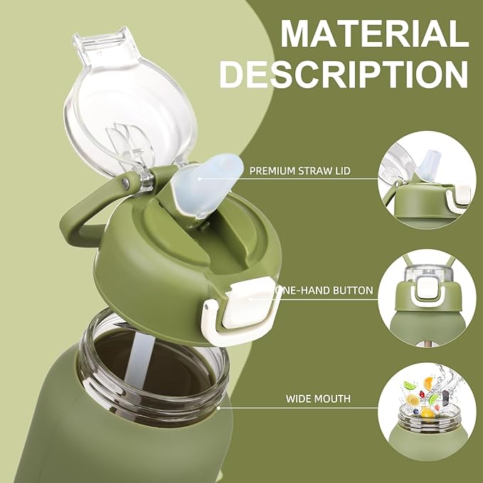 chunmo 24 oz Glass Water Bottles with 2 Lids-Handle Spout Lid & Straw Lid, Motivational Water Bottle with Time Marker and Silicone Sleeve,Leakproof-Army Green-1 Pack