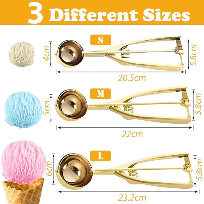 Gold Ice Cream Scoop Stainless Steel Cookie Scoops for Baking Melon Baller with Trigger 3 Sizes (Rose Gold, L)
