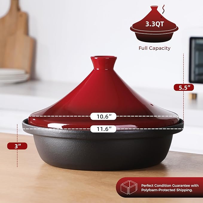 Moroccan Tagine for Cooking: Enameled Cast Iron Cooking Pot, Slow Cooker, Classic Kitchen Cookware, Tajine with Ceramic Cone-Shaped Closed Lid, 3.3 QT, Red