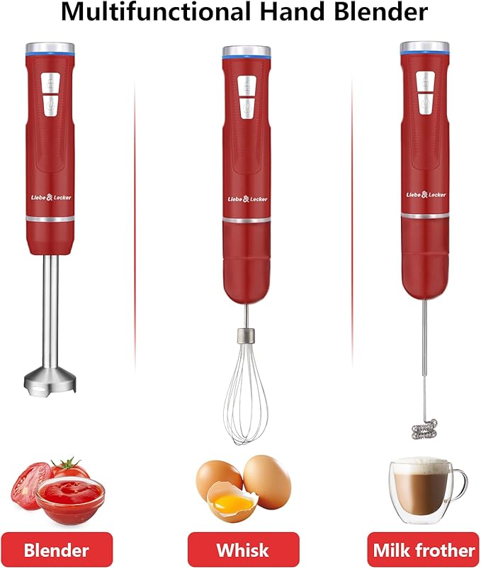Liebe&Lecker Immersion Blender Handheld Cordless, 3 in 1 Cordless Hand Blender, 8 Speed Emulsion Blender Handheld with Whisk Milk Frother for Soup Smoothie Red