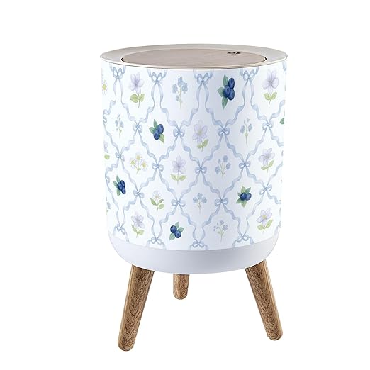 Trash Can with Lid Seamless Ribbons Blueberry Flowers Press Top Round Small Garbage Bin with Wooden Legs Waste Basket for Kitchen Bedroom Nursery 7L/1.8 Gallon