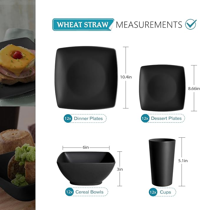 Teivio 48-piece Plastic Wheat Straw Square Dinnerware Set for 12, Unbreakable Dinner Plates, Salad Plates, Snack Bowls, Tumblers 13.5 oz, Dishwasher Safe Kitchen Outdoor Camping RV Dish, Black