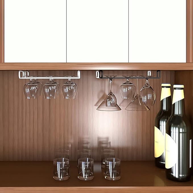 GeLive Set of 4 Cabinet Stemware Rack 10 Inch Under Shelf Wine Glass Holder Storage Hanger Organizer for Kitchen and Bar (Black)