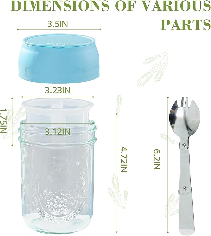 Miuyhji Overnight Oats Containers with Lids, 2-Pack Glass Mason Jars 16 oz with Lids, Folding Spoons and Separated Compartment, for Chia Pudding, Yogurt, Salad, Parfait Cups (Gray/Purple)
