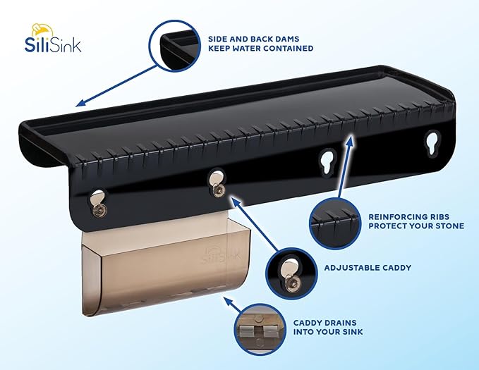 SiliProducts SiliSink Silicone Sink Edge Guard for Kitchen Sink - Fits 3.75”- 4” Wide - The Original Silicone Edge Protector with Sponge Caddy - Splash Guard, 14” Black Diamond