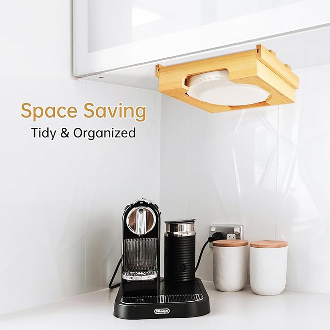 Paper Plate Dispenser - 9 inch Bamboo Paper Plate Dispenser Under Cabinet, Kitchen Counter Vertical Paper Plate Holder Organizer Countertop Caddy (Bamboo)