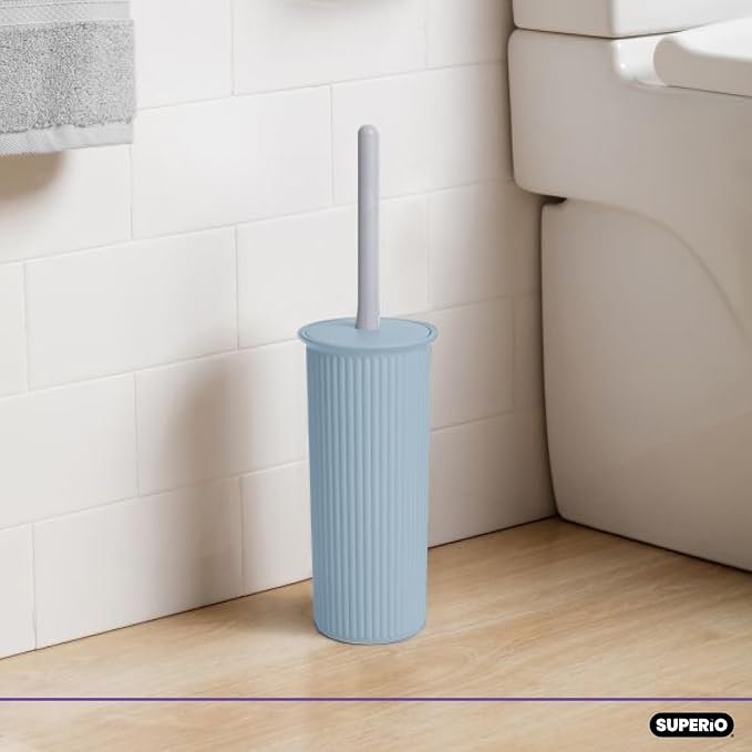 Superio Decorative Plastic Toilet Bowl Brush and Holder Set, Cleaner Scrubber for Bathroom (2, Stone Blue)