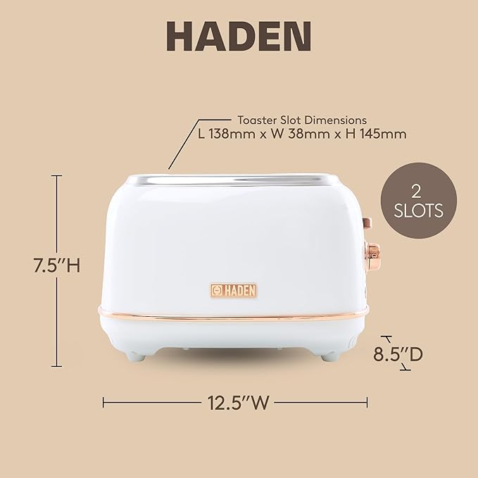 Haden Heritage 2 Slice Wide Slot Stainless Steel Toaster with Adjustable Browning Control & Non-Slip Feet, Ivory & Copper