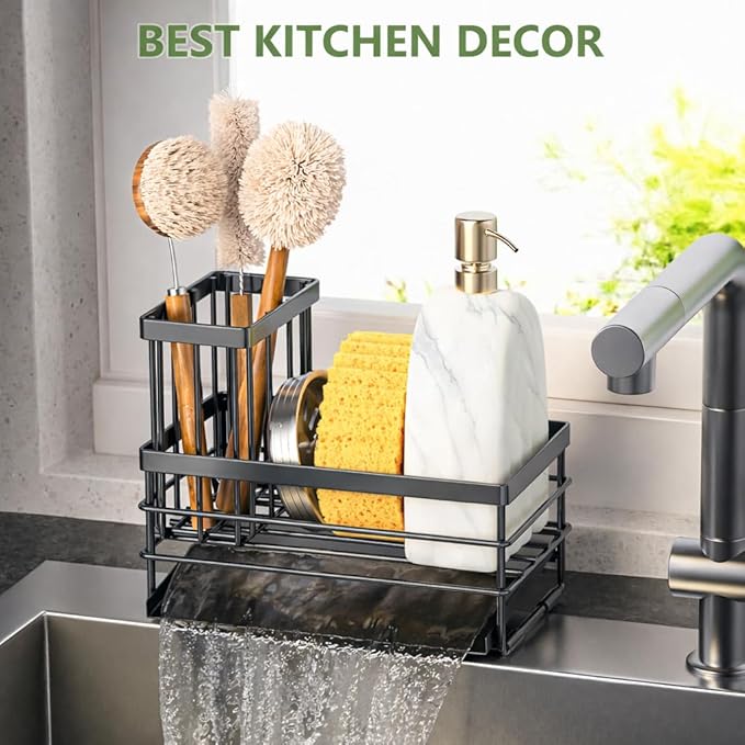 Cisily Sink Caddy Sponge Holder for Kitchen with Brush Holder and Stainless Steel Self Drain Tray, Rustproof Kitchen Sink Organizer for Sponge, Soap Dispenser Storage Accessories (Gray)