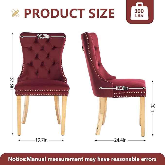 Velvet Dining Chairs Set of 2, Kitchen Chairs Set of 2, Tufted Upholstered Dining Room Chair, Back Ring Pull Trim, Golden Stainless Steel Legs, Wine Red
