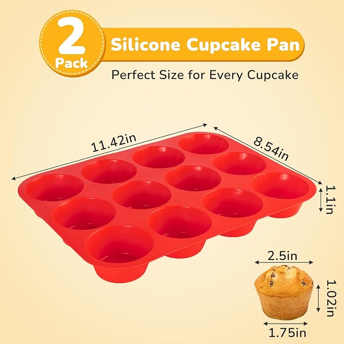 2 Pack Silicone Cupcake Pan for Baking, Nonstick Silicone Muffin Pans, 12 Cups Regular Size Cupcake Pan, Durable and Flexible, Quick-Release, Easy to Clean, Ideal for Home Baking and Party, Red