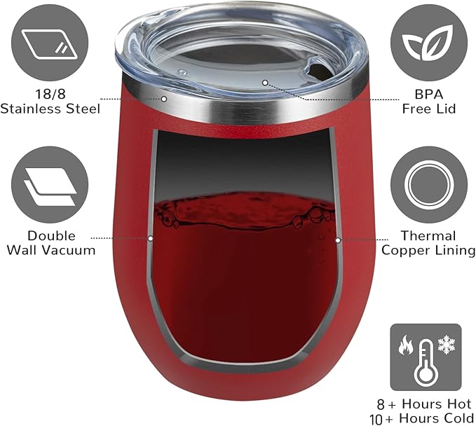 MEWAY 12oz/12 Pack Wine Tumbler Glasses with Lid -Double Wall Vacuum Stainless Steel Travel Tumbler Mug,Stemless Insulated Wine Cup for,Coffee,Cocktails,Gifts (Red,Set of 12)