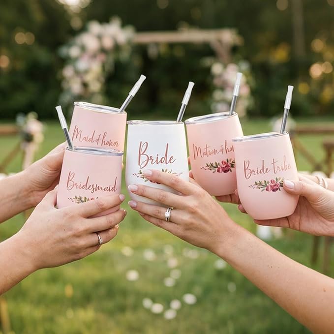 CARAKNOTS Bridesmaid Gifts Bridesmaid Proposal Gifts Wedding Tumbler for Engagement Bachelorette Party Cups Pink Stainless Steel Wine Tumbler with Lid and Straw 12 oz