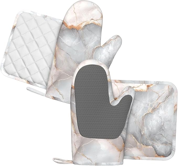 Oven Mitts and Pot Holders Gray Pastel Pink Marble Absstract Silicone Kitchen Accessories Set of 4 Heat Resistant Long Gloves Potholder Non-Slip Grip for Chef Cooking Baking Grilling BBQ