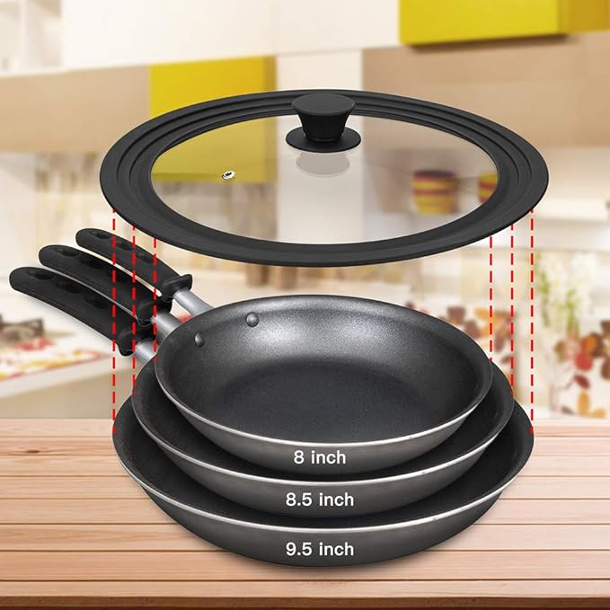 Universal Lid for Pots,Pans and Skillets - Tempered Glass with Heat Resistant Silicone Rim Fits 8", 8.5" and 9.5" Diameter Cookware,Black