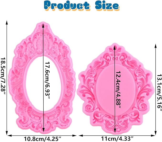 Mujiang Baroque Picture Frames Silicone Mold Photo Frame Fondant Molds Vintage Frame Mold For Sugar Cake Decorating Cupcake Topper Chocolate Gum Paste Candy Polymer Clay Set Of 2