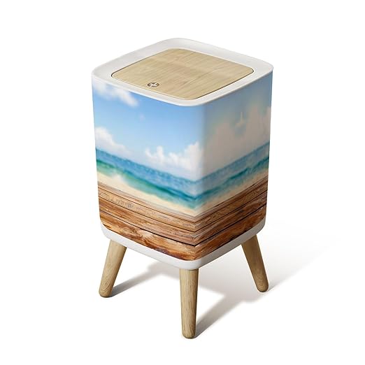 Small Trash Can with Lid Wooden table top blurred summer blue sea sky space for your display Wastebasket with Press Cover Dog Proof Garbage Can Waste Bin for Kitchen Bathroom Nursery 2.6 Gallon