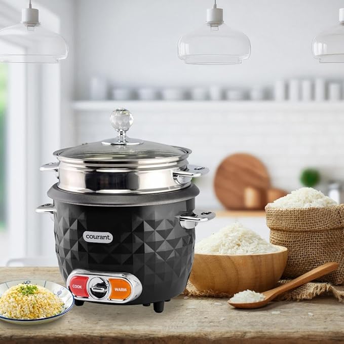 Courant 10-Cup (Cooked) / 5-Cup Uncooked Rice Cooker and Steamer with One-Touch Operation, Automatic Keep Warm Function, and Chrome Accents, Black