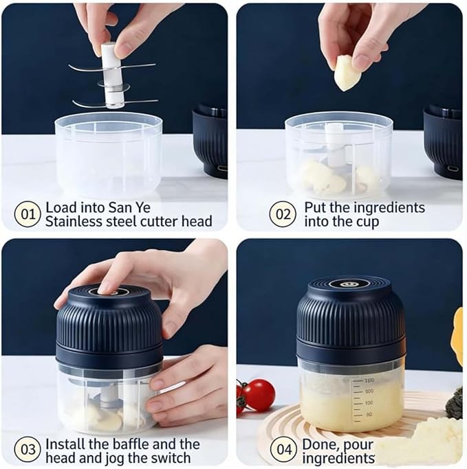 Household Electric Garlic Crusher, Electric Garlic Chopper, Mini Portable Veggie Chopper with 4/6 Stainless Steel Blades, Wireless Rechargeable Food Cutter for Garlic, Onion, Chili (2PCS-B,320ML)