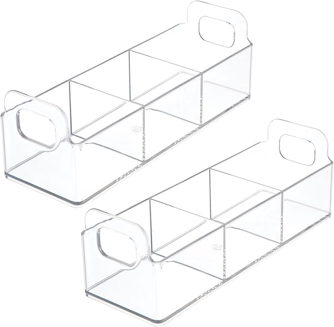 mDesign Plastic Condiment Organizer and Tea Bag Holder - 9" Long Kitchen Pantry/Countertop Storage Caddy - Divided Chip, Snack, Granola, Oatmeal Packet Holder - Lumiere Collection - 2 Pack - Clear