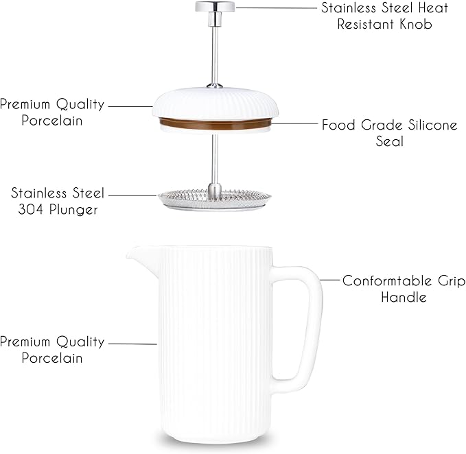 Easyworkz Porcelain French Press 22 fl oz, Coffee Tea Maker with Stainless Steel Plunger, Ivory