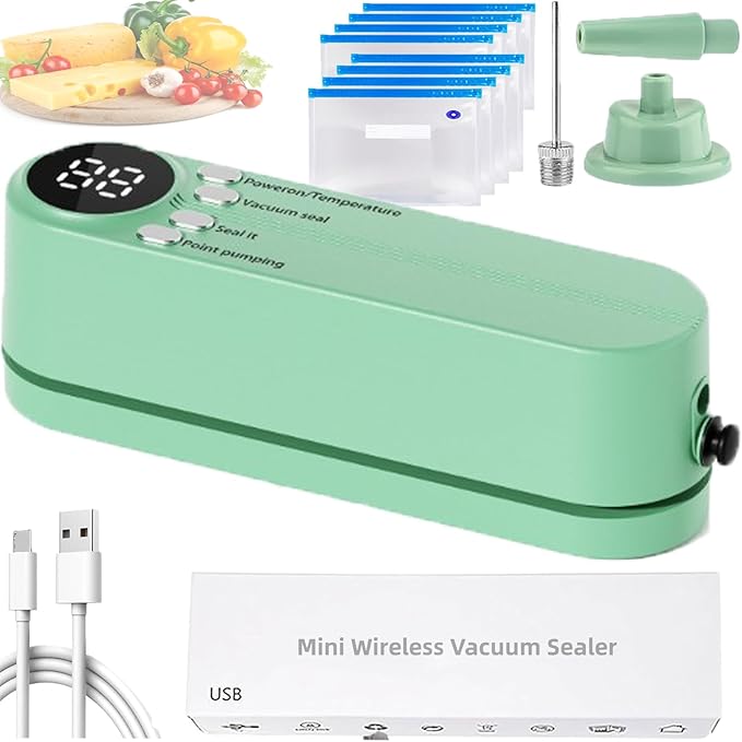 Vacuum Sealer, Handheld Portable Rechargeable Snack Bag Sealing Machine with Air Pump, for Dry/Moist Food Storage with 10 Compression Bags