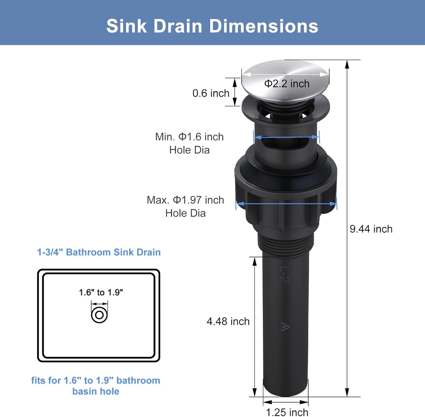 ARCORA Bathroom Sink Drain with Overflow 2 Pack, Brushed Nickel Pop Up Drain Stopper Vanity Vessel Sink Clicker Drain Stopper