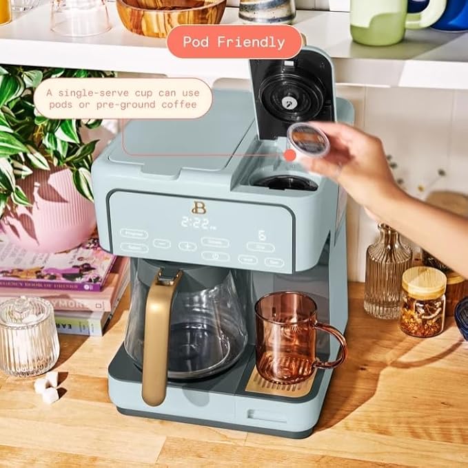Beauti Multi Brew 12 Cup Programmable Drip & Single Serve Coffee Maker, Versatile Brewing (6oz, 8oz, 10oz, 12oz, 14oz), Pods or Ground, Over Ice option, Keep Warm mode (Hydragea)