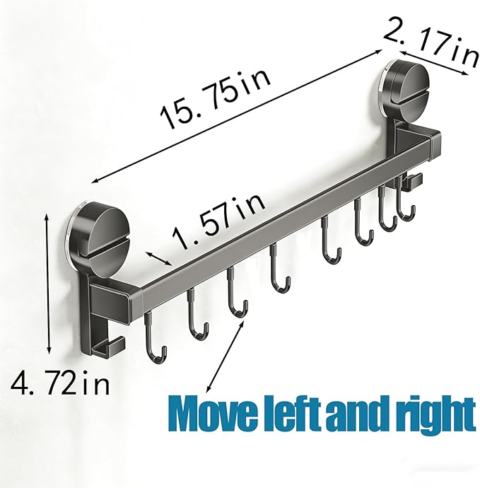 Wall Mounted Utensil Hook Rack with 8 Hooks, No Drill Installation, Space Gray Finish, Kitchen Organizer for Coats, Bags, and Accessories，Suction Cup Storage (1Pack)
