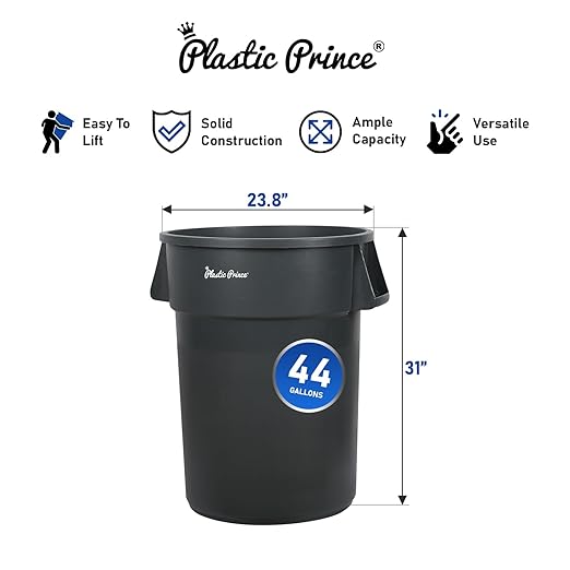 PLASTIC PRINCE 44 Gallon Round Trash Can Garbage Can Gray Waste Container for Home Garage Restaurants Warehouses