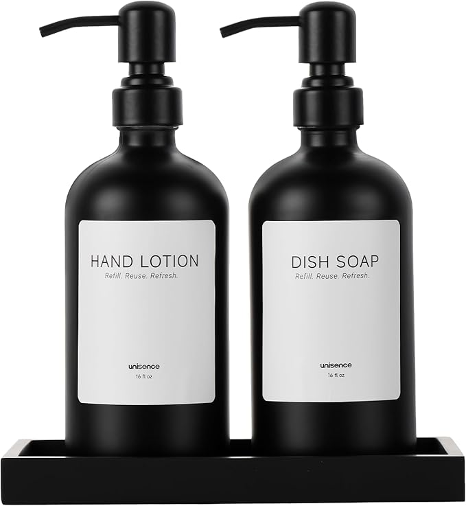 2 Packs Glass Soap Dispenser Set for Kitchen, Hand and Dish Soap Dispenser with Stainless Steel Pump & Resin Tray, Rental-Modern Refillable Countertop Soap Dispenser for Kitchen Hotels,Matte Black