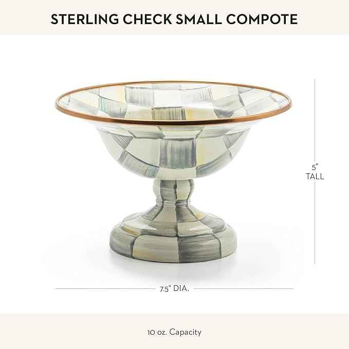 MACKENZIE-CHILDS Enamel Compote, Cute Enamel Pedestal Serving Dish or Decorative Bowl, Small, Gray-and-White Sterling Check