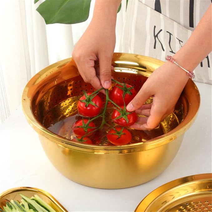 3-In-1 Multifunctional Grater Basin Colander Strainer Set, Mingcheng Stainless Steel Kitchen Grater/Drain Basket/Bottom Basin for Washing Rice, Fruits, Vegetable, Grater with Container (Rainbow)