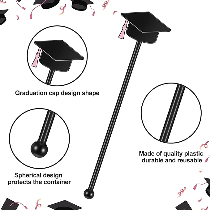 SiliFine 30 Pcs Graduation Cap Drink Stirrers Graduation Stir Sticks Coffee Stirrers Cocktail Mixers Plastic Swizzle Sticks Hot Cocoa Bar Supplies for Party Bar Coffee Tea Favors (Pink)