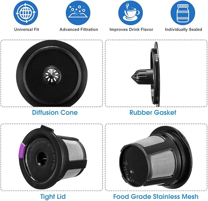 Reusable K Cups, Universal Fit Reusable Coffee Filters with Food Grade Stainless Steel Mesh Eco-Friendly Coffee Pods, for 1.0 and 2.0 Brewers (6)