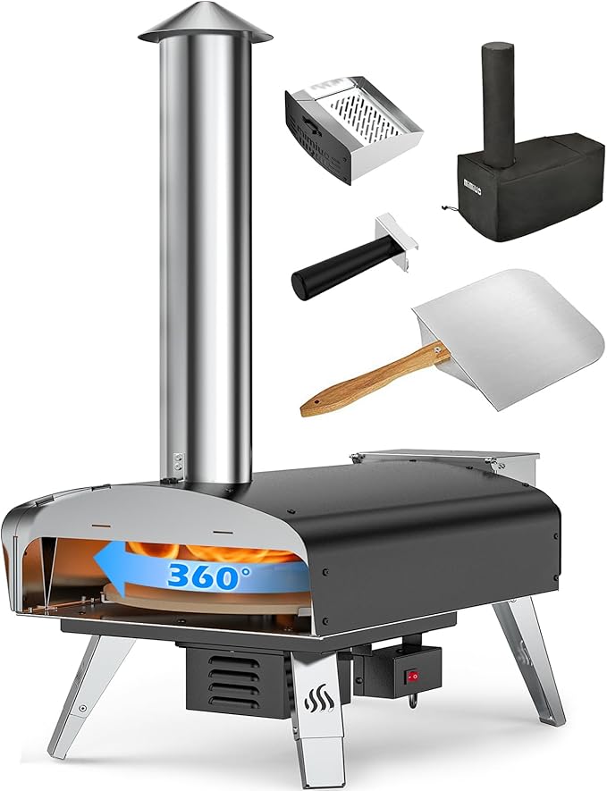 Mimiuo Outdoor Pizza Oven Wood Pellet Fired Pizza Stove with Automatic Rotating Stone, Heavy Duty Pizza Stove for Backyard Camping, Bakes Pizza in 60 Seconds, Includes Pizza Stone, Peel & Cover
