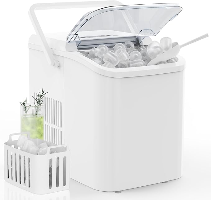 DUMOS Countertop Ice Maker with Handle, 26lbs/24H Portable Ice Machine, 9 Bullet Cubes Ready in 6 Mins, Self-Cleaning, Quiet Compact for Home, Kitchen, RV, Camping, White