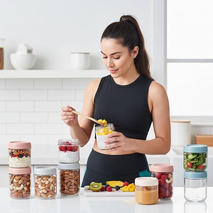 ColoVie 8 Pack Overnight Oats Containers with Lids, Chia Seed Pudding Jars, Stackable Mason Jars with Airtight Lids, Meal Prep, Wide Mouth Glass Food Storage for Snacks Yogurt Spice Sugar, 16oz 10 oz