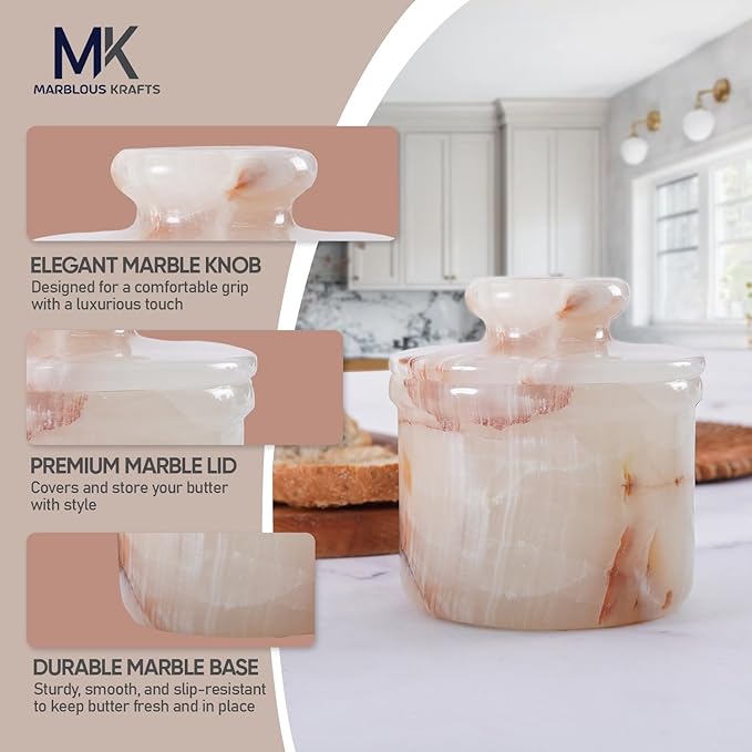 White Onyx Marble Butter Crock 4.25 Inches Handmade Butter Dish with Lid for Kitchen Countertop, French Butter Crock, Onyx Butter Bell, Water Sealed Butter Dish, Kitchen Gift for Mom
