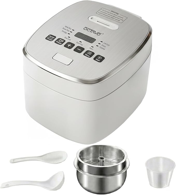 OCTAVO Low Carb Rice Cooker, 5-Cup Uncooked Stainless Steel Inner Pot, Low Sugar Rice Maker with 24H Timer and Auto Keep Warm, Small Rice Maker LED Display, White Rice/Brown Rice/Grains/Oatmeal, Bead-blasted