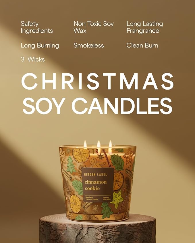 Cinnamon Cookie Scented Candle, 30oz Large 3 Wick Natural Soy Wax Holiday Candle, 100 Hours Long Lasting Clean Burn Winter Christmas Candle for Home, Luxury Home Décor & Gift for Women & Family