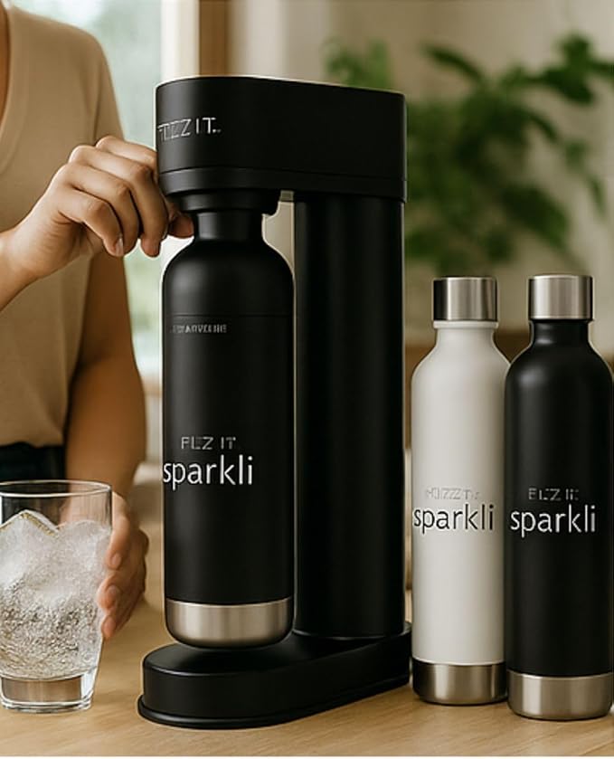 Fizzit Sparklí Stainless Steel Sparkling Water Maker with 3 Reusable Stainless Steel Water Bottles – Soda Streaming Machine Carbonated Seltzer Fizzy Water Maker for Home Kitchen, Dishwasher Safe