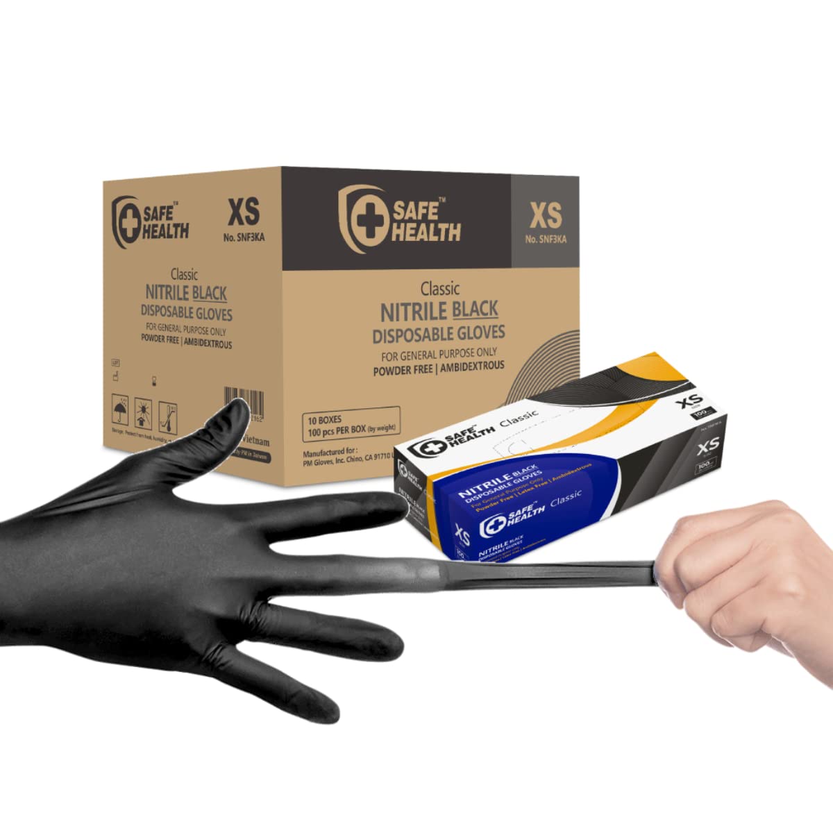 Safe Health Nitrile Black Disposable Gloves, Latex Free, Powder Free, Case of 1000, XS, Textured, 3.5 mil, Industrial, Tattoo, Salon, Hair, Auto, Car, Cleaning, Food, Cooking