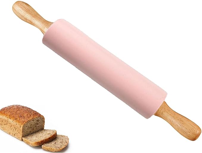 Silicone Rolling Pin for Baking,15inch Pastry Dough Roller with Wooden Handle Non Stick Surface Rolling Pin for Dough Fondant Cookie Pastry Tapered Dumpling Baking Supplies (pink)