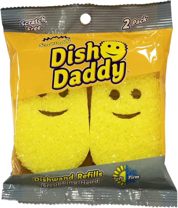 Scrub Daddy Dish Daddy Wand, Refill Heads, Sponge & Connector Head, Soap Dispensing Dish Brush, Texture Changing Washing Up Sponge with Liquid Handle, Built-in Scraper & Scrubbing Head - Yellow