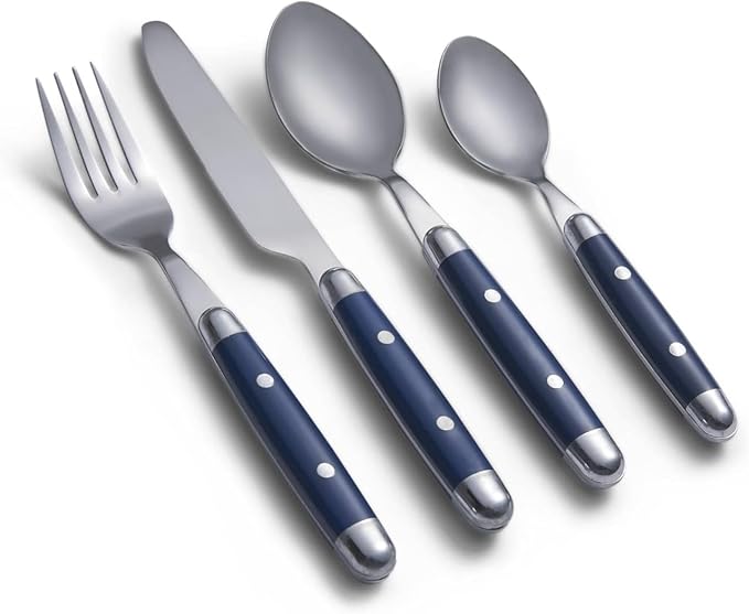 Cambridge Silverware Set, Jubilee Blue 16-Piece Flatware Set, Service For 4, 18/0 Stainless Steel, Knives Spoons And Forks Sets, Dishwasher Safe, Home And Kitchen Utensils (Black/Silver, 16 Piece)